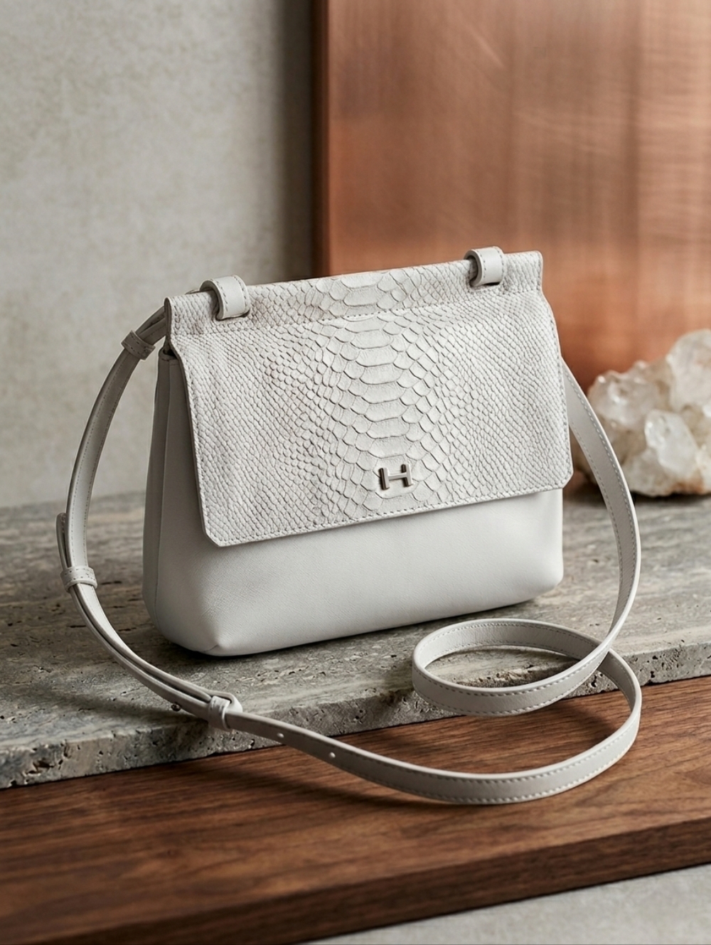 H by Halston Snake Embossed & Smooth Leather Crossbody/Clutch Bag In Parchment